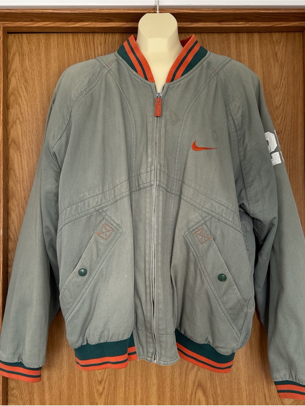 Nike Men's Green-Gray Bomber Jacket with Orange Trim